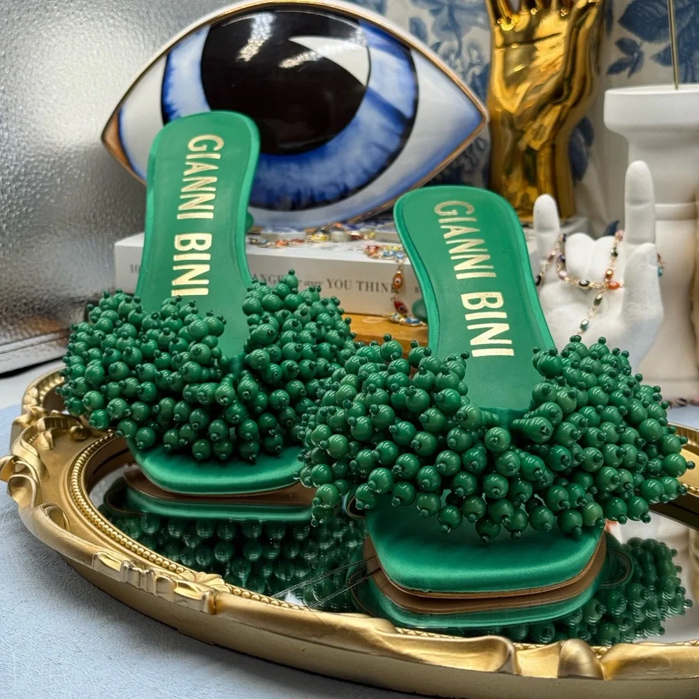 🆕 GIANNI BINI 🧿 NWOB Lonzo Beaded Square Toe Slide Sandals, Savory Green, Sz 8 - Picture 6 of 14
